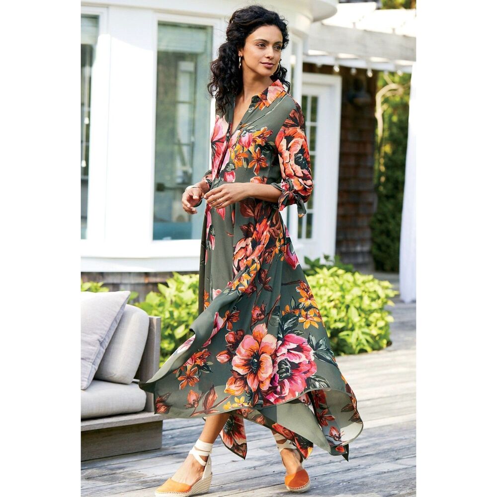 Soft Surroundings Provencia Green Floral Dress Sz Small Handkerchief Hem Maxi